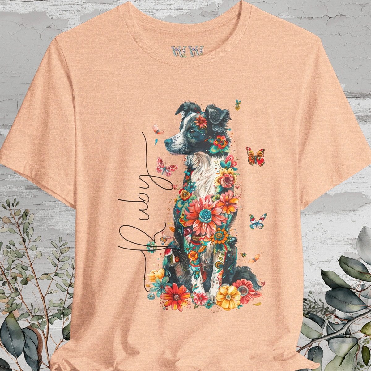 Border Collie (Australian Collie) Floral Personalized T shirt