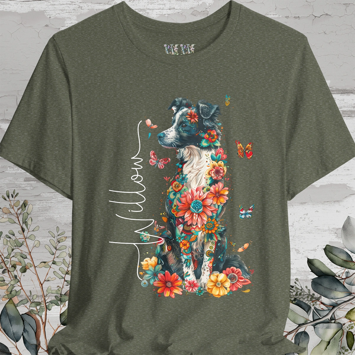 Border Collie (Australian Collie) Floral Personalized T shirt