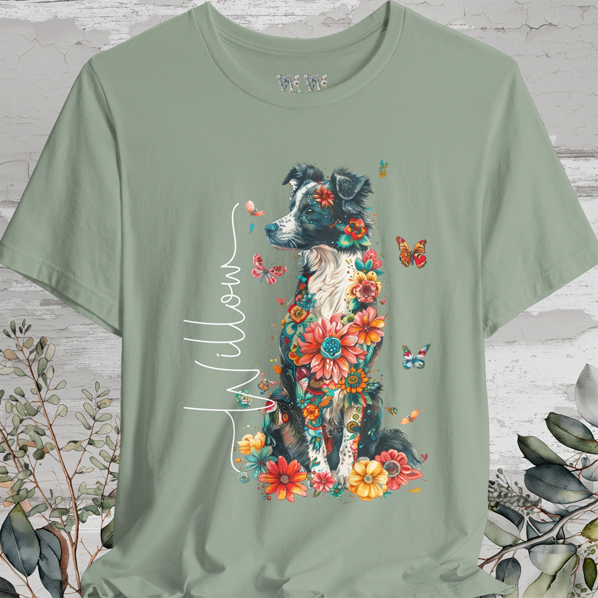 Border Collie (Australian Collie) Floral Personalized T shirt