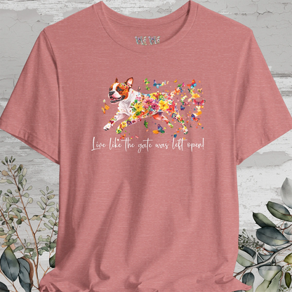 Sable & White Boxer 'Live like the gate was left open' T shirt