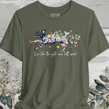Black Boxer 'Live like the gate was left open' T shirt