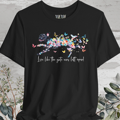 Black Boxer 'Live like the gate was left open' T shirt