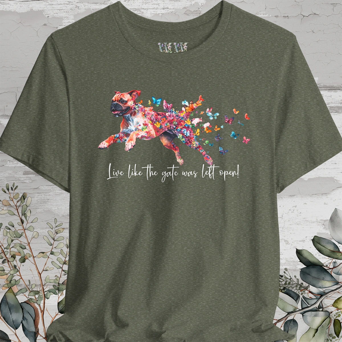 Red Boxer 'Live like the gate was left open' T shirt
