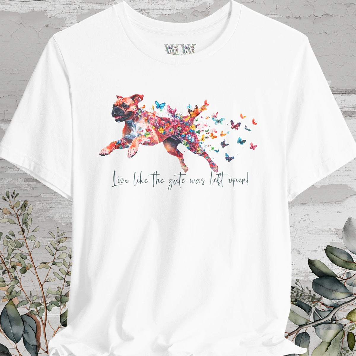 Red Boxer 'Live like the gate was left open' T shirt