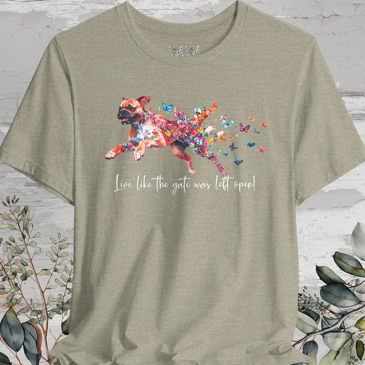 Red Boxer 'Live like the gate was left open' T shirt
