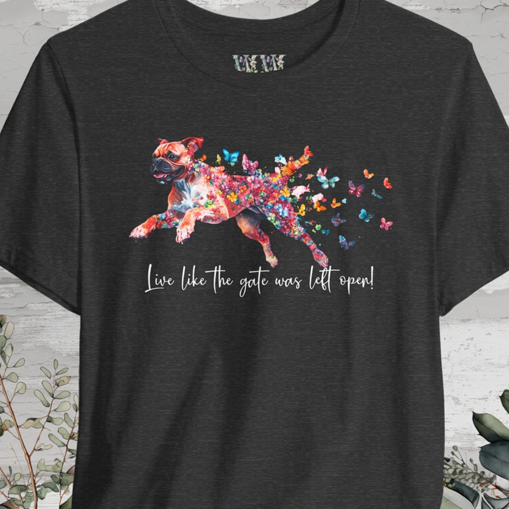 Red Boxer 'Live like the gate was left open' T shirt