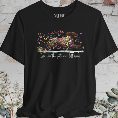 Boykin Spaniel #2 (Docked) 'Live like the gate was left open' T shirt