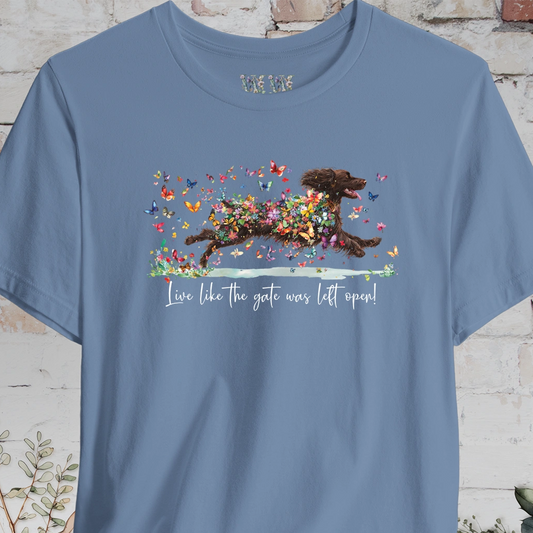 Boykin Spaniel #2 (Docked) 'Live like the gate was left open' T shirt