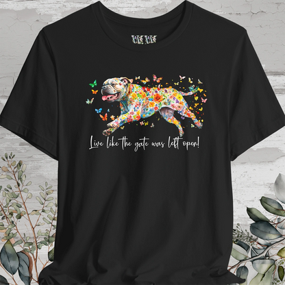 Bullmastiff #1 "Live like the gate was left open" Unisex T shirt