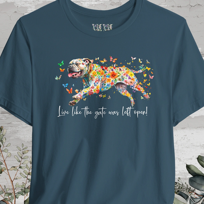 Bullmastiff #1 "Live like the gate was left open" Unisex T shirt