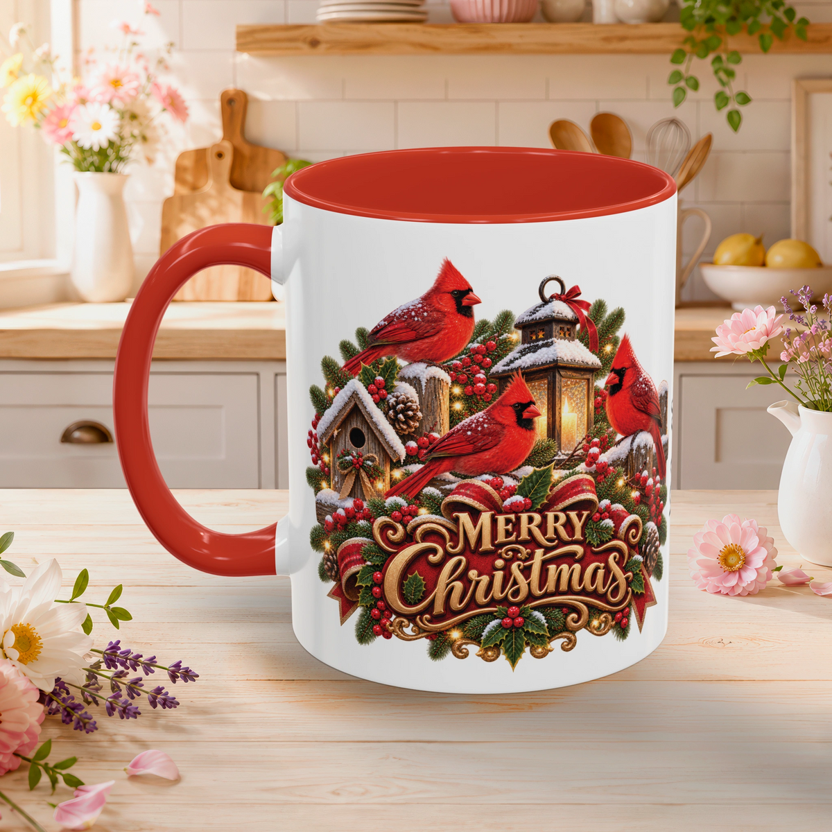 Cardinal Birds Merry Christmas, personalised accent colour 11oz mug