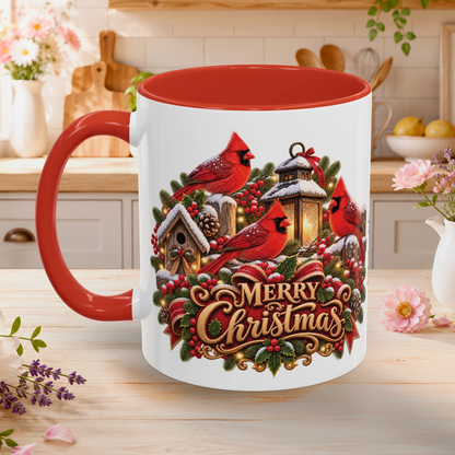Cardinal Birds Merry Christmas, personalised accent colour 11oz mug