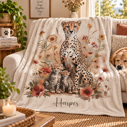 Cheetah with Cubs Personalised Soft Polyester Blanket
