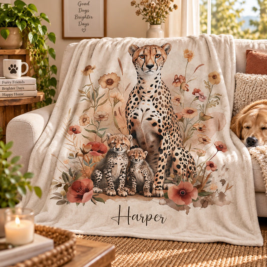 Cheetah with Cubs Personalised Soft Polyester Blanket