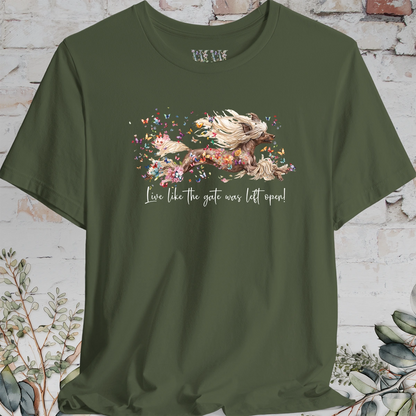 Chinese Crested "Live like the gate was left open" Unisex T shirt