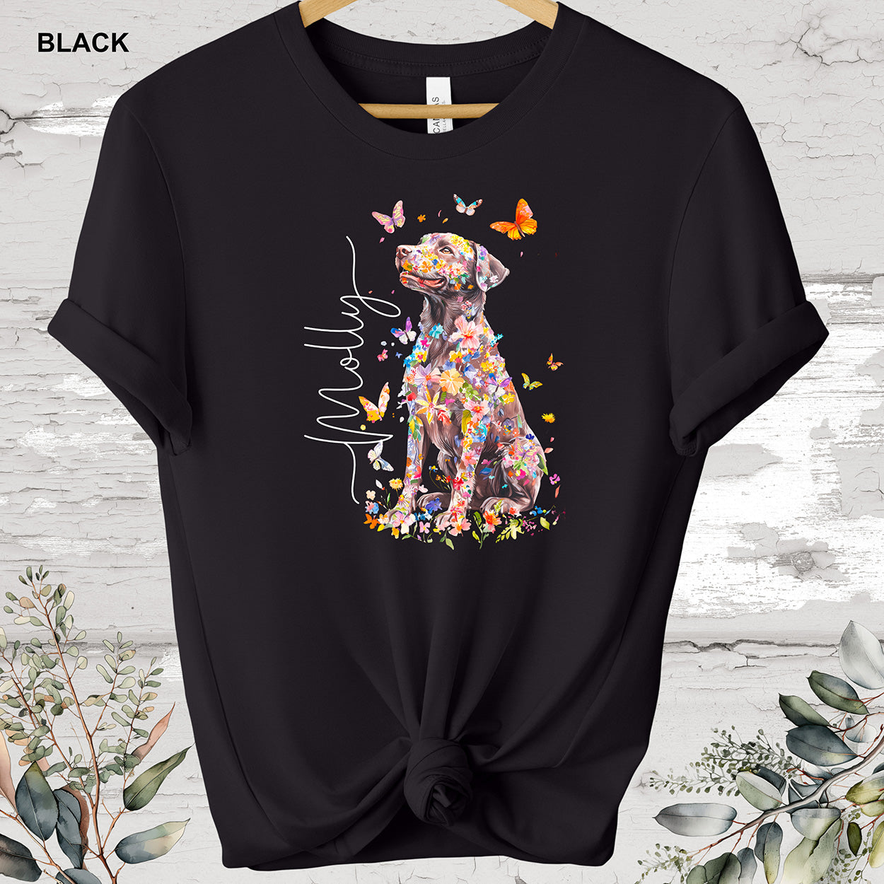 Chocolate Labrador Floral Personalized T-shirt.