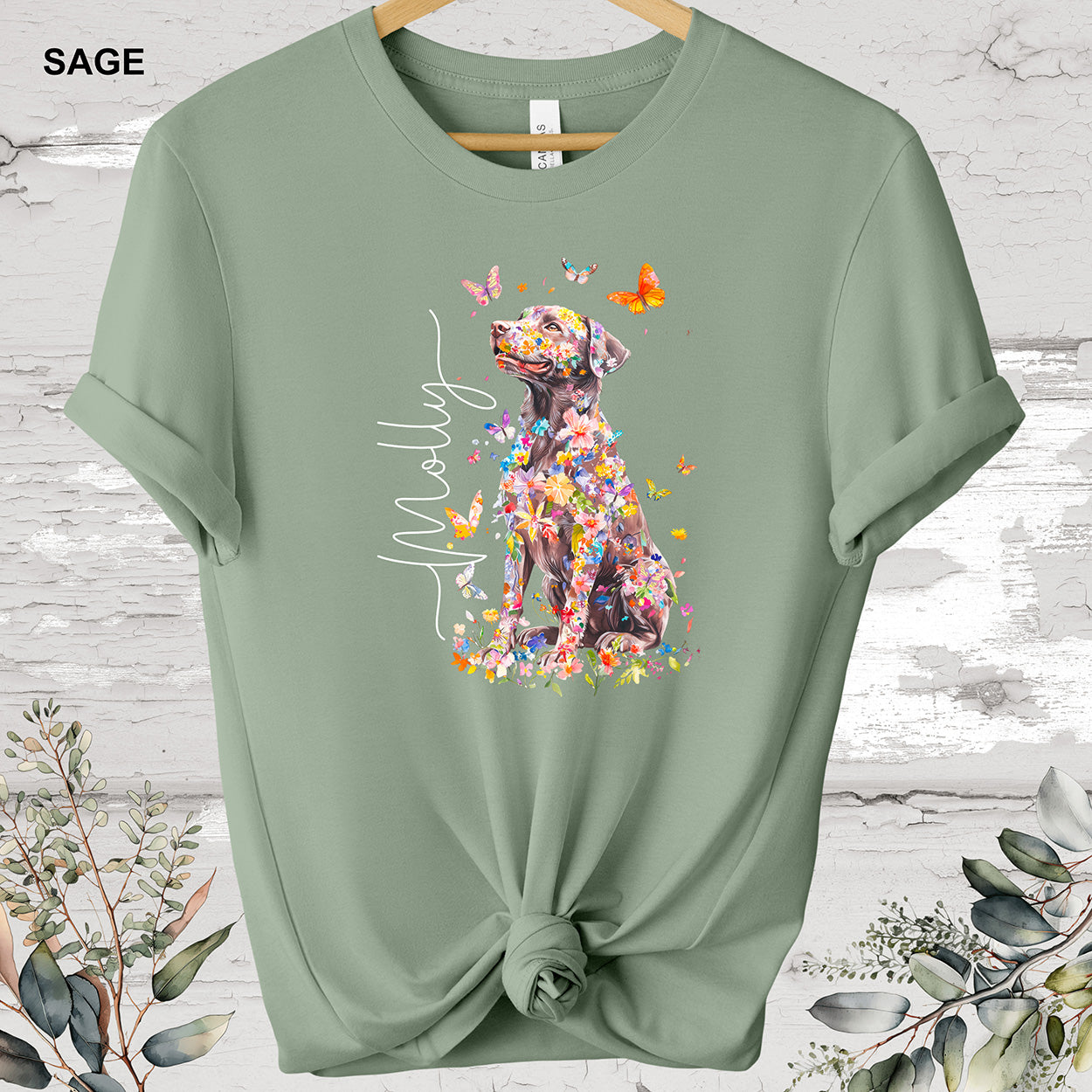 Chocolate Labrador Floral Personalized T-shirt.