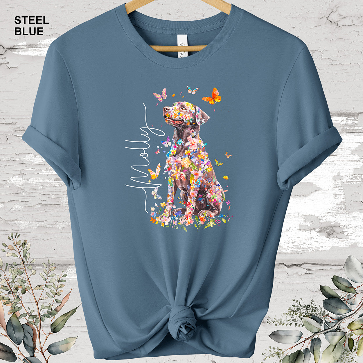 Chocolate Labrador Floral Personalized T-shirt.