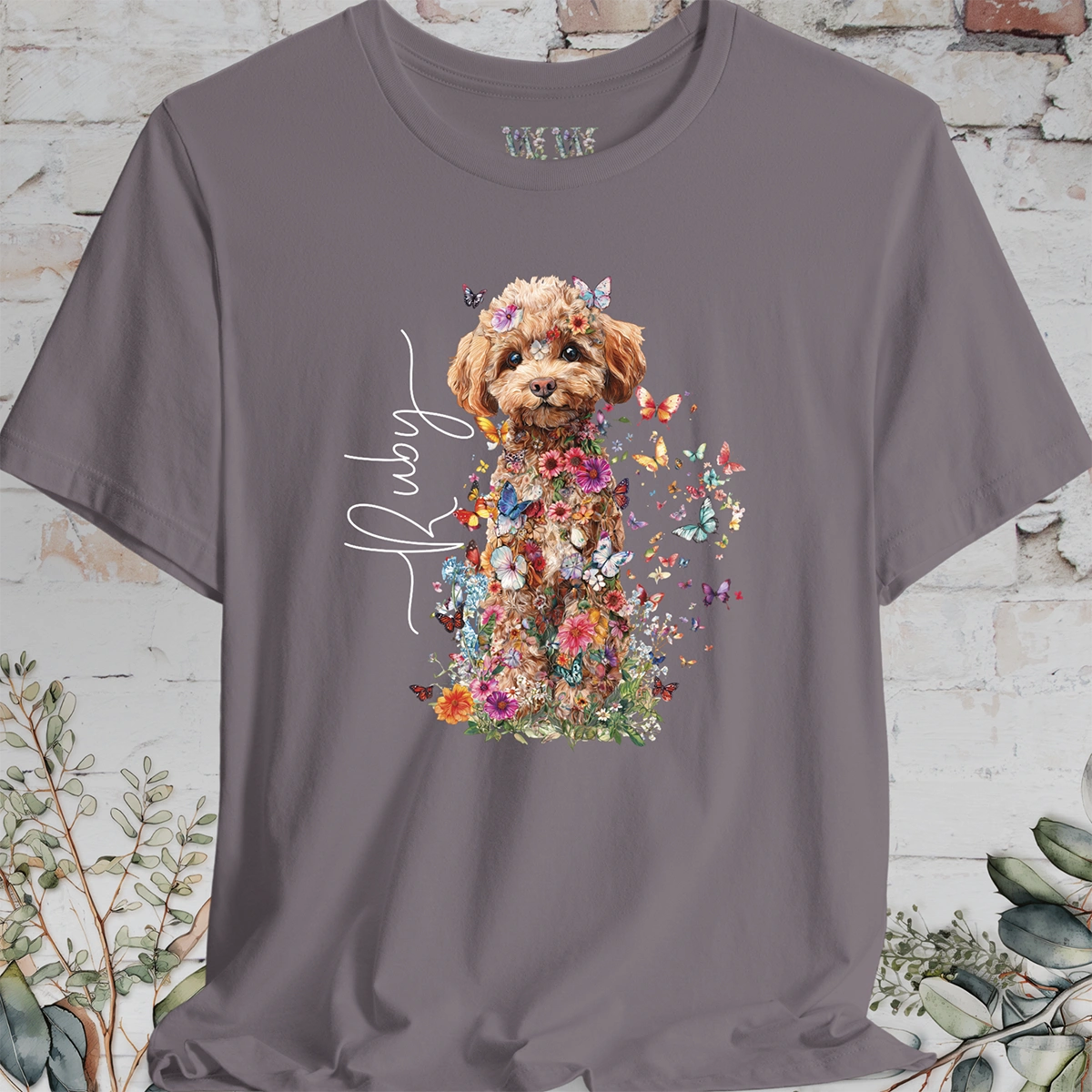 Chocolate Miniature Poodle #2 Floral Personalized T shirt
