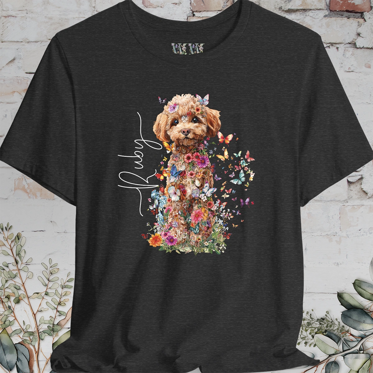 Chocolate Miniature Poodle #2 Floral Personalized T shirt