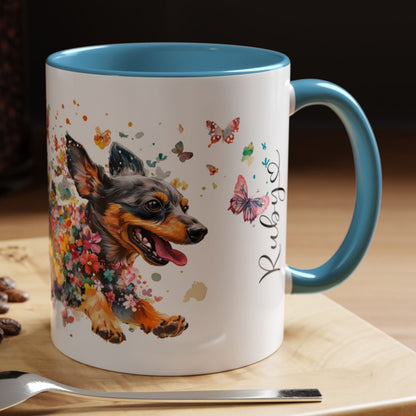 Dachshund Black, running personalized colourful Mugs, 11oz