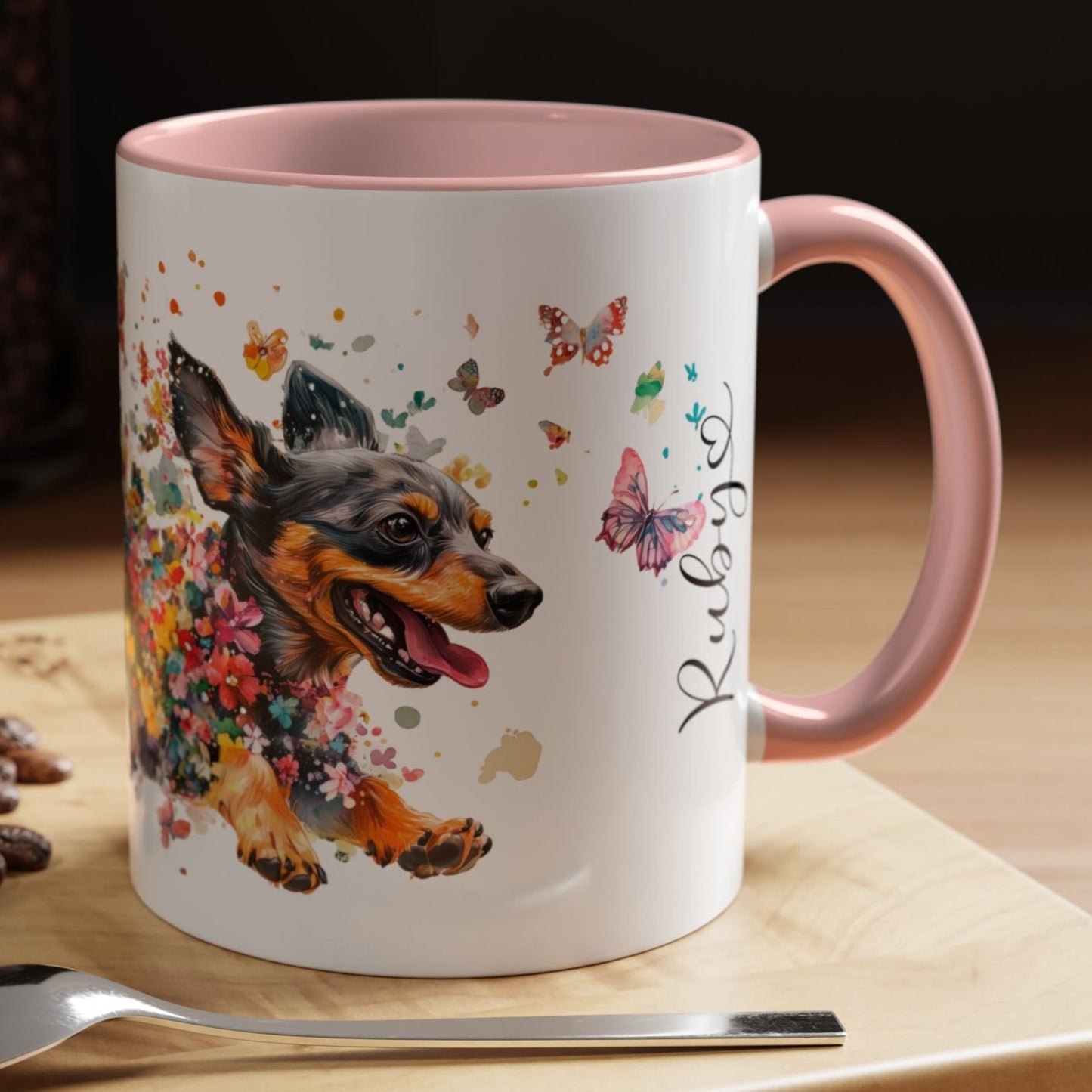 Dachshund Black, running personalized colourful Mugs, 11oz