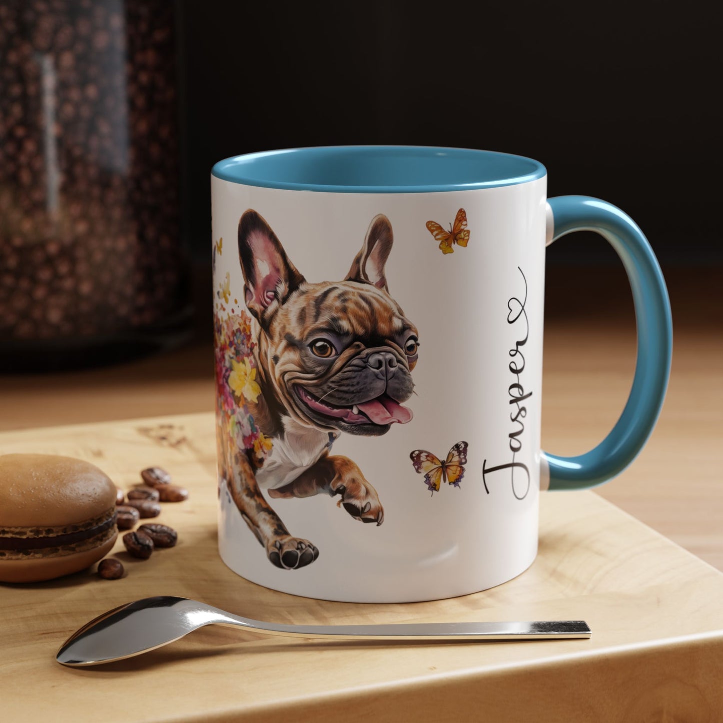 French Bulldog, Brindle running personalized colourful Mugs, 11oz