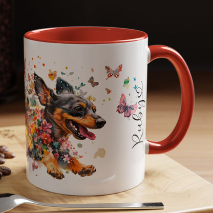 Dachshund Black, running personalized colourful Mugs, 11oz