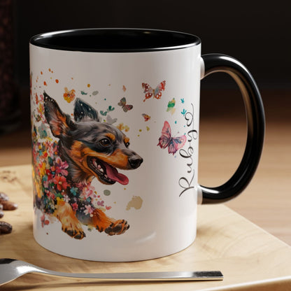 Dachshund Black, running personalized colourful Mugs, 11oz