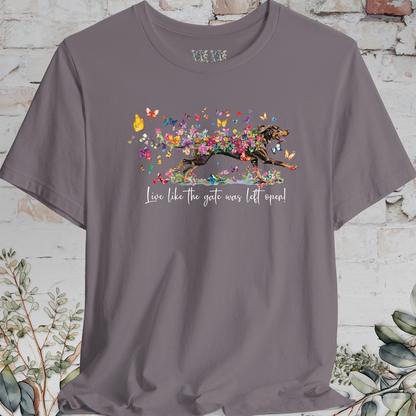 Coonhound #1 'Live like the gate was left open' T shirt