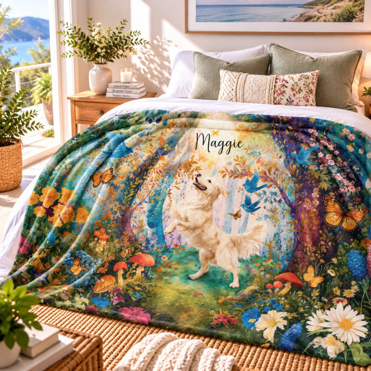 Cream Golden Retriever Dancing Mystical Forest, Personalised Blanket