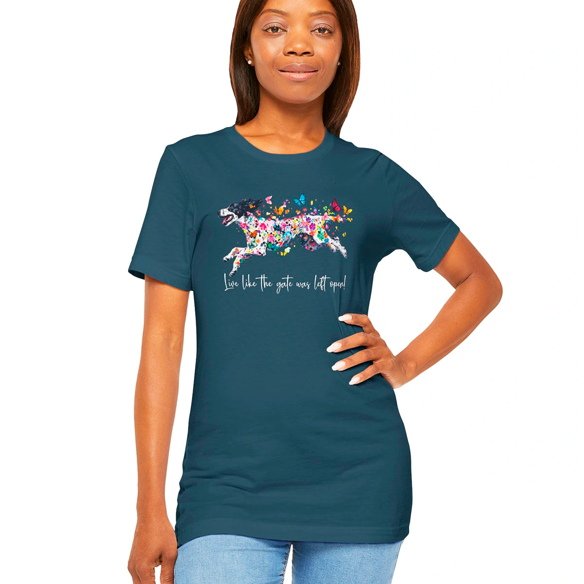 English Setter #4 "Live like the gate was left open" Unisex T shirt