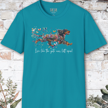 English Cocker Spaniel "Live like the gate was left open" T shirt
