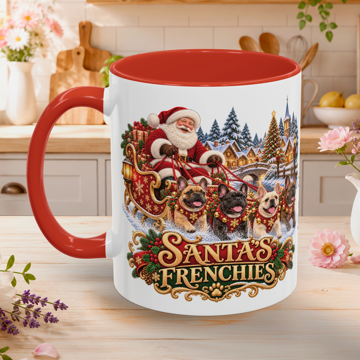 Santa's Frenchies, personalised accent colour 11oz mug