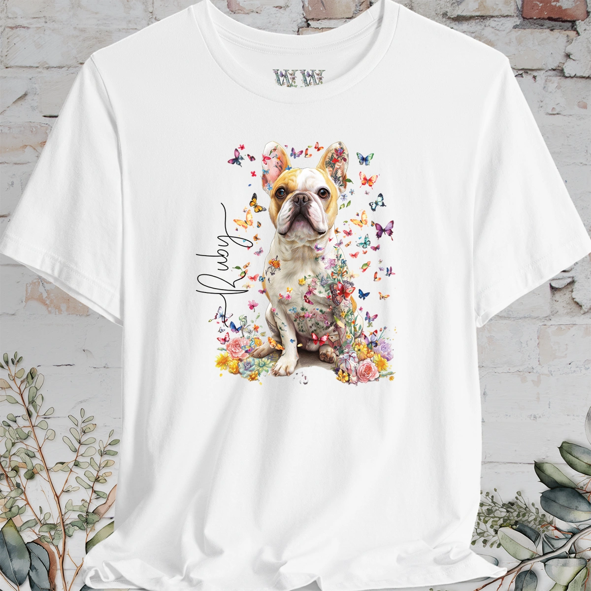 French Bulldog #5, Personalised Floral Butterfly T shirt