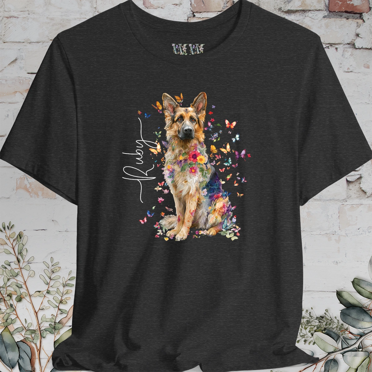 German Shepherd long hair Floral Butterfly T shirt