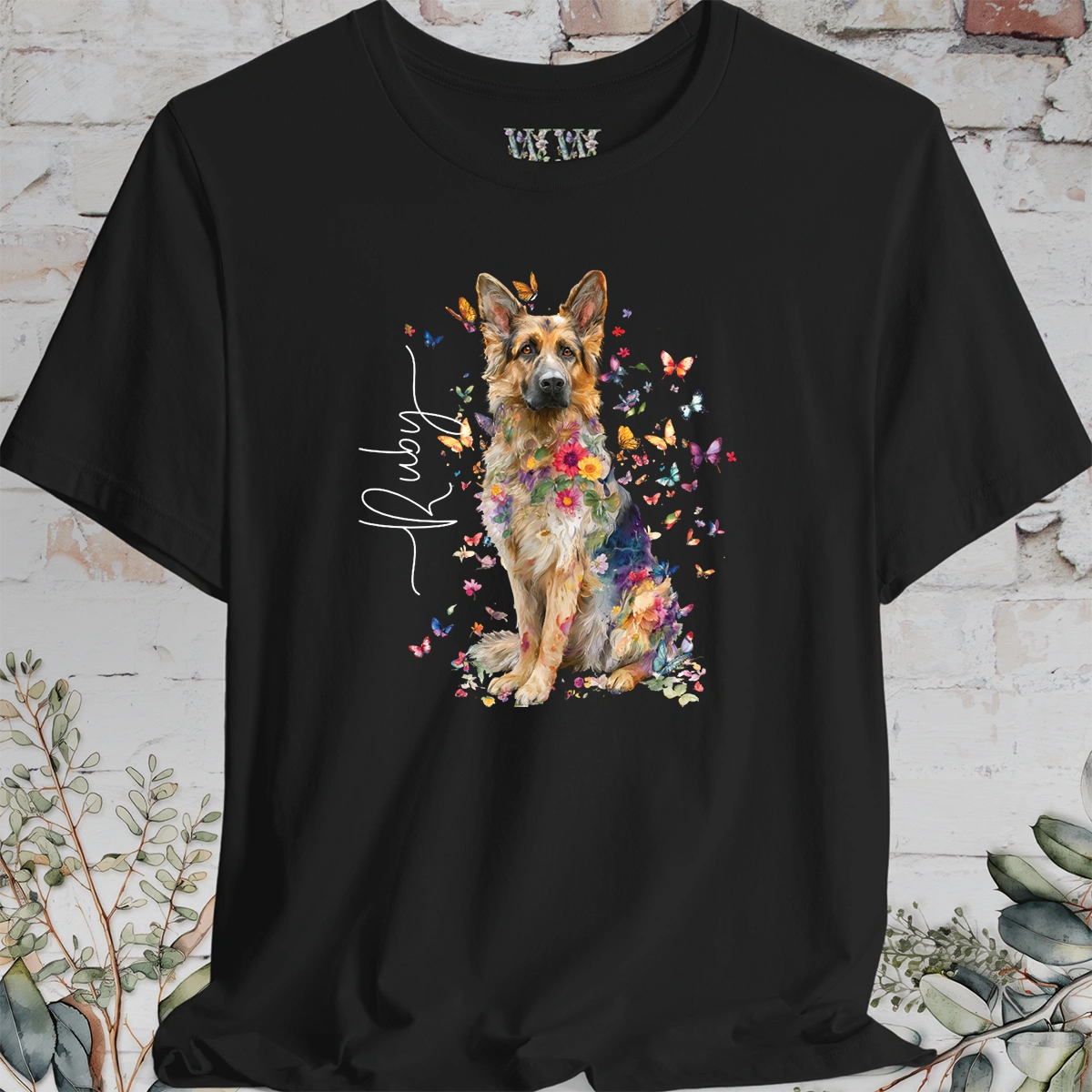 German Shepherd long hair Floral Butterfly T shirt