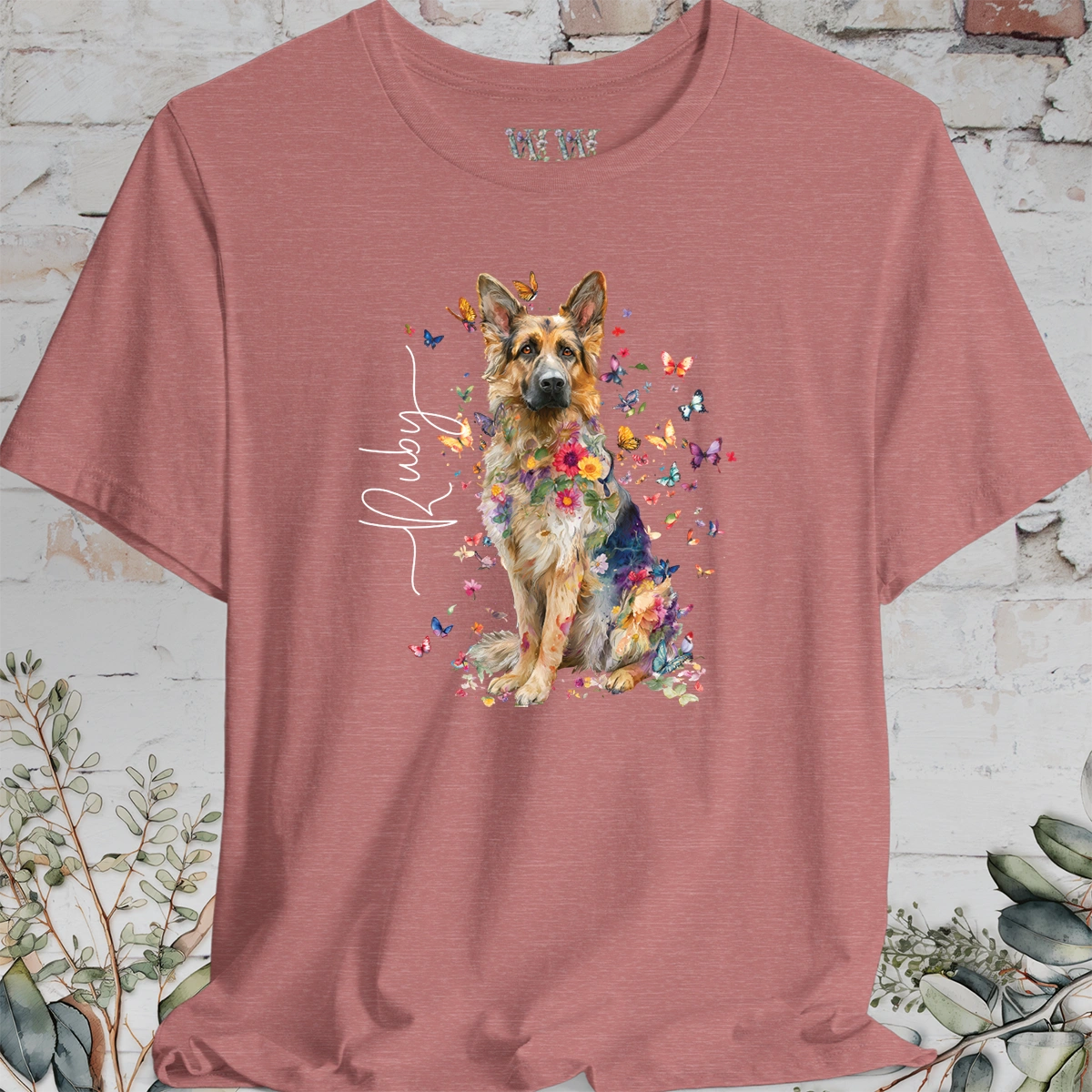 German Shepherd long hair Floral Butterfly T shirt