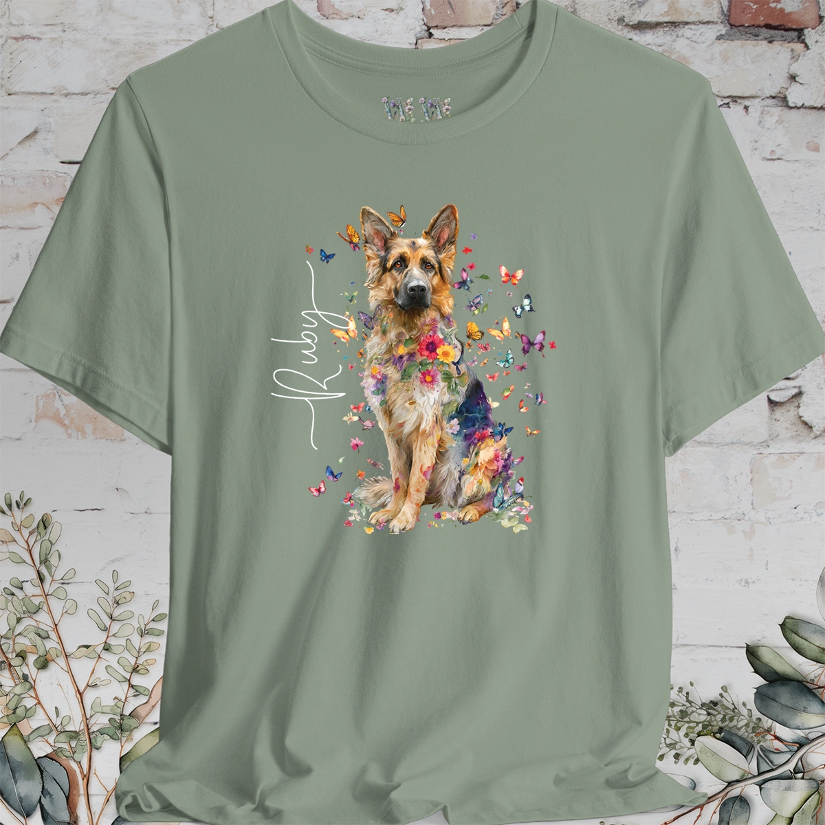 German Shepherd long hair Floral Butterfly T shirt