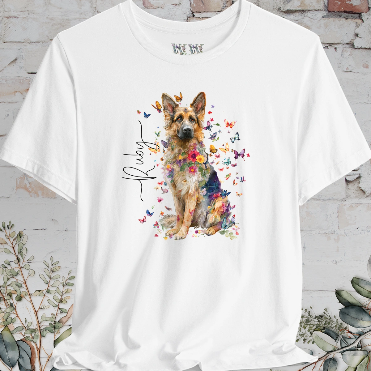 German Shepherd long hair Floral Butterfly T shirt