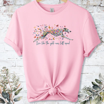 Greyhound #5 'Live like the gate was left open' T shirt