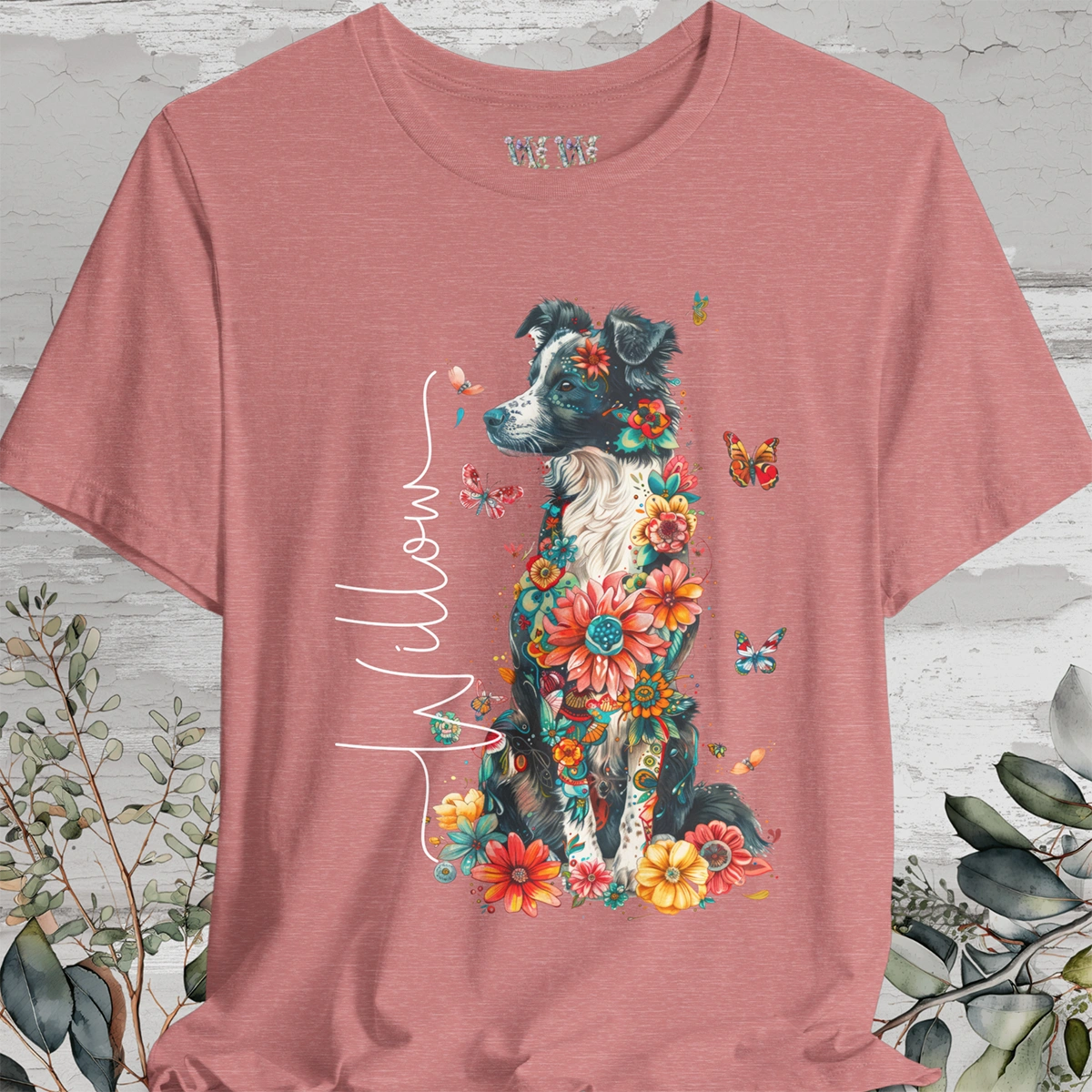 Border Collie (Australian Collie) Floral Personalized T shirt