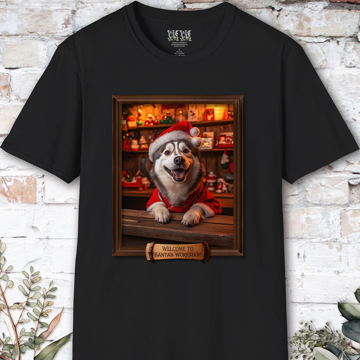 Husky Santa's Workshop Unisex T shirt