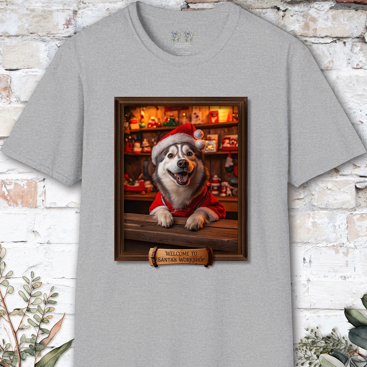 Husky Santa's Workshop Unisex T shirt