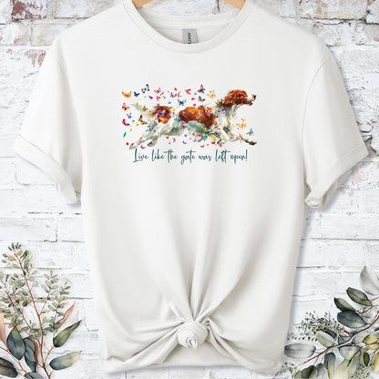 Irish Red & White Setter "Live like the gate was left open" Unisex T shirt