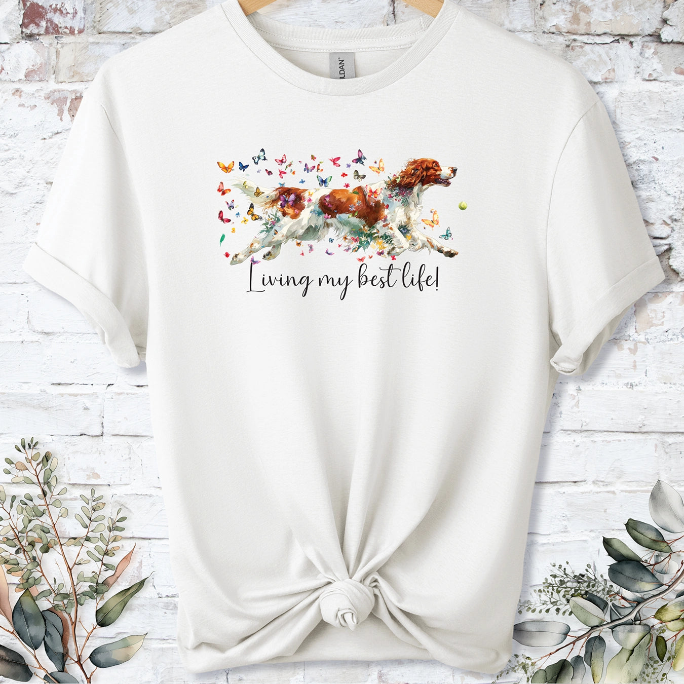 Irish Red & White Setter "Living my best life" Unisex T shirt