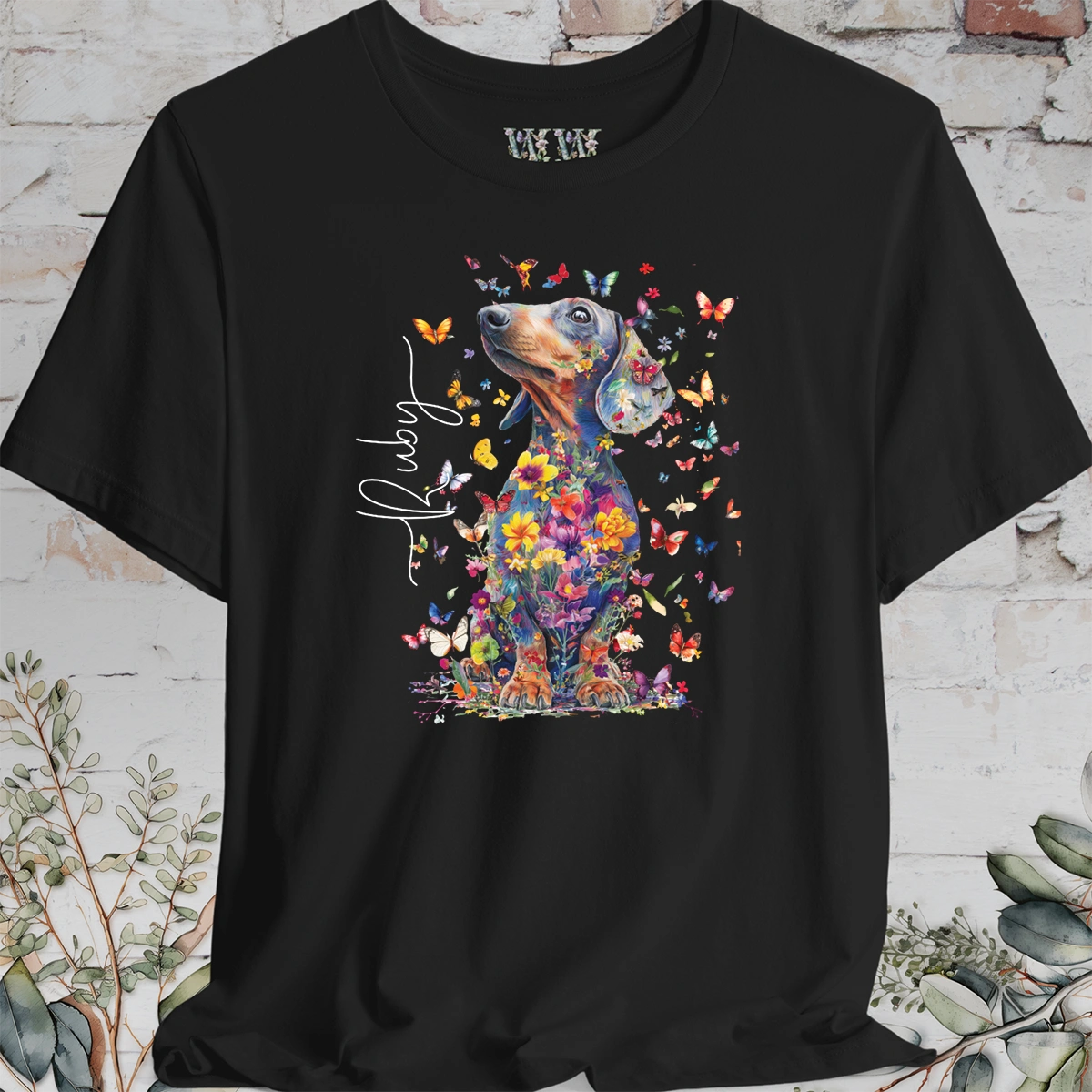 Italian Doxie #1 Floral Butterfly personalized unisex T shirt