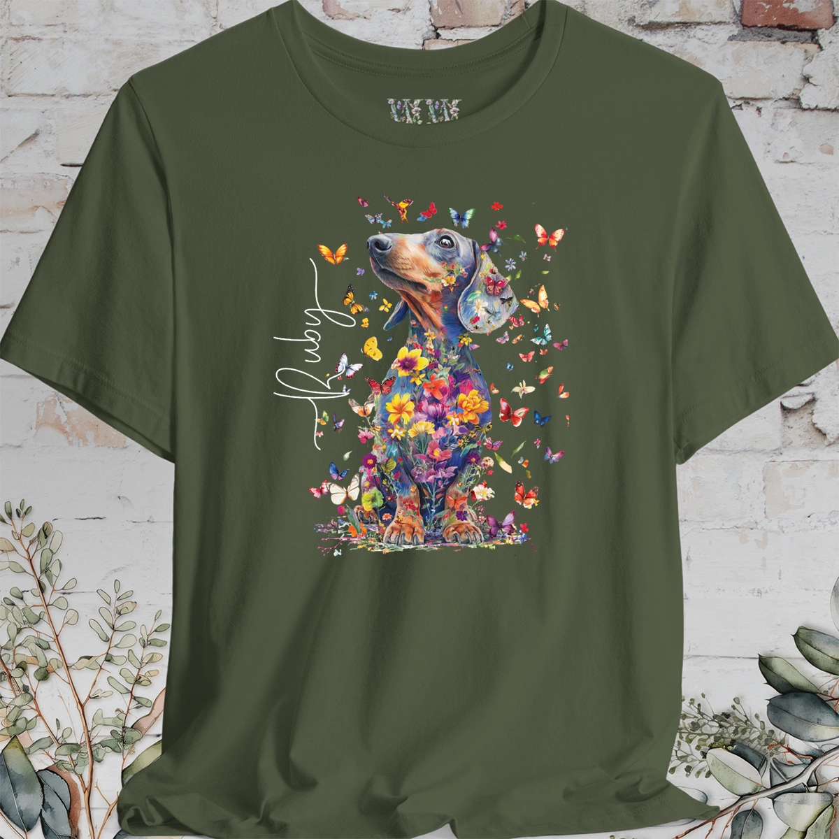 Italian Doxie #1 Floral Butterfly personalized unisex T shirt
