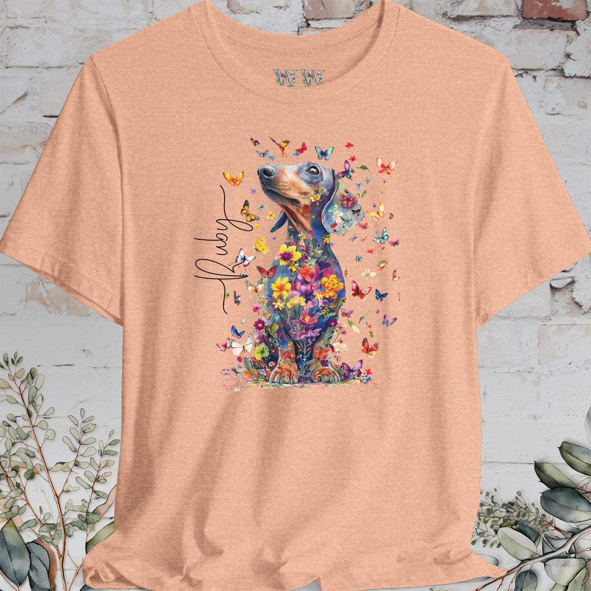 Italian Doxie #1 Floral Butterfly personalized unisex T shirt