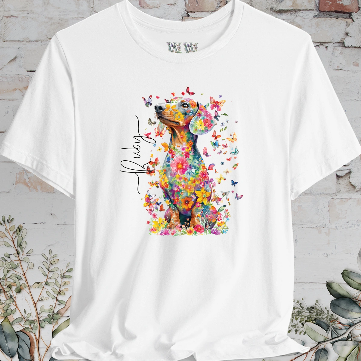 Italian Doxie #2 Floral Butterfly personalized unisex T shirt